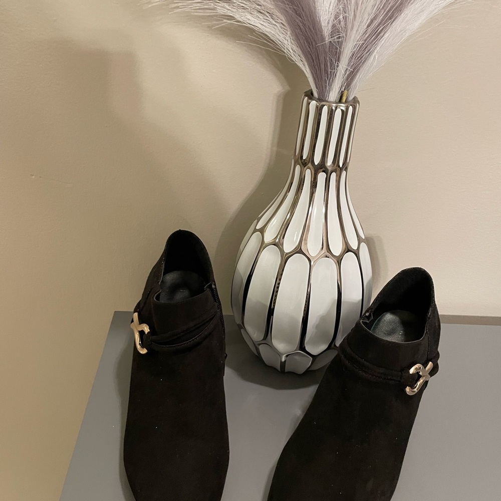 Black Suede Bootie, Karen Scott, Size 11M, Snake Skin Heel, Gold Buckle, worn